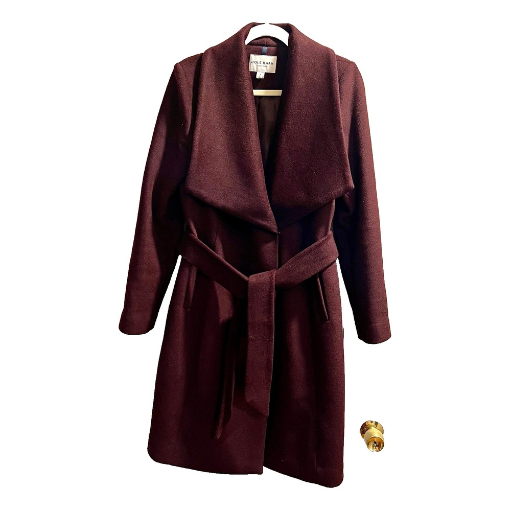 Cole Haan Signature Womens 8 Burgundy Tie Belt, Snap, Mid-Length Wool Blend Coat